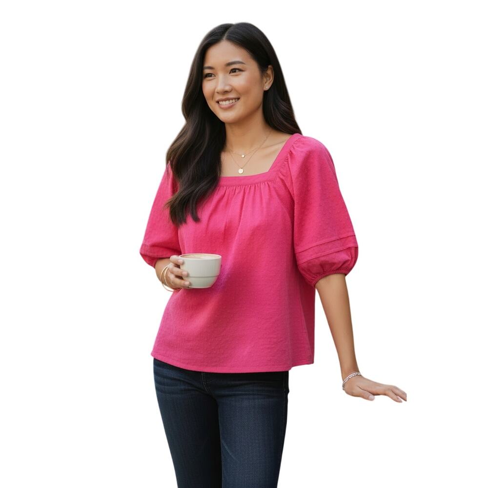 ✨ GAP Pink Swiss Dot Smocked Top XS Puff Sleeve Romantic EUC 🌸